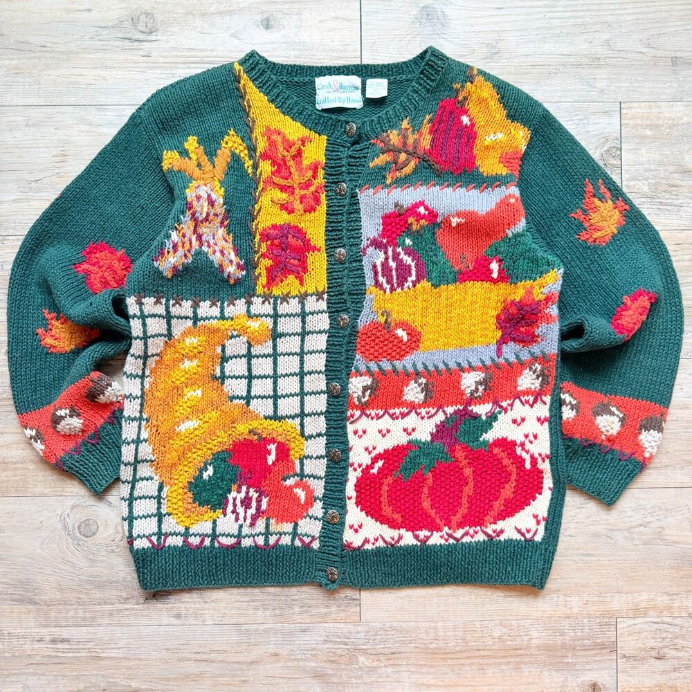 Vintage Fall Thanksgiving Cardigan Chunky Croft & Barrow Hand Knit PS Pumpkin